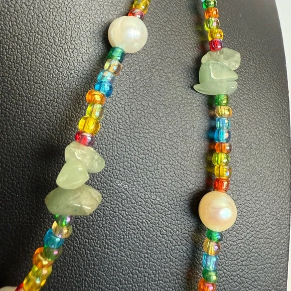 Multicolor and Pearl Boho Beachy Beaded Necklace with Green Accents - Picture 7 of 10